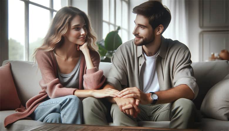 A content couple engaging in a warm interaction in a serene setting, representing the supportive atmosphere of AERCS couples counselling Toronto.