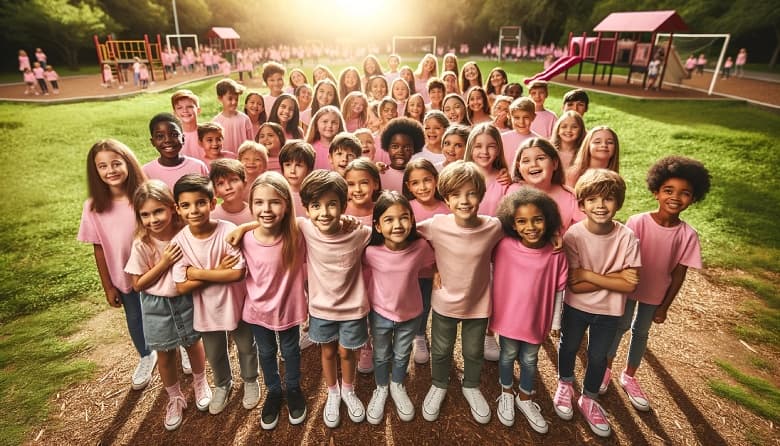 Children in pink shirts standing together in solidarity against the mental health impact of bullying.