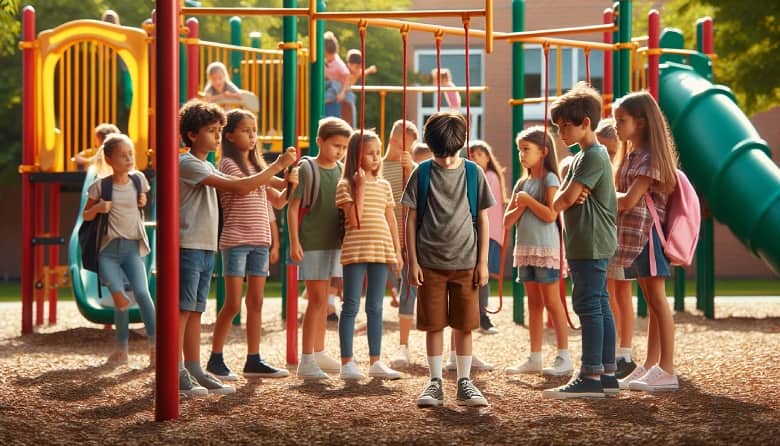 Children on a school playground, illustrating the mental health impact of bullying through exclusion.