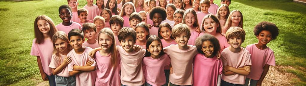 Children in pink shirts standing together in solidarity against the mental health impact of bullying.