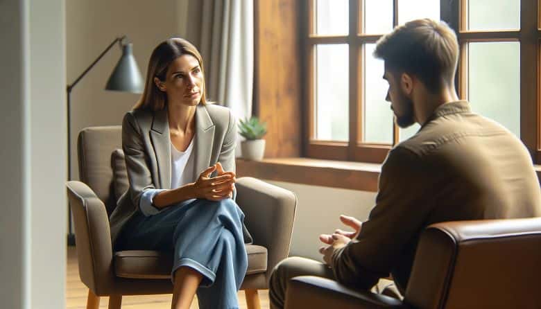 A professional trauma therapist conducting a therapy session with a client in a well-lit, private therapy office, emphasizing the importance of communication in trauma therapy.