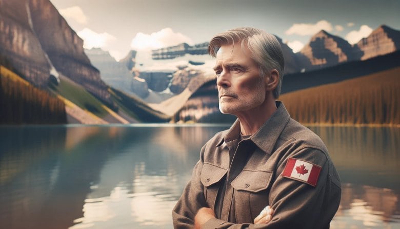 Thoughtful veteran with Canadian flag insignia, set against iconic Canadian Rockies, embodying hope in AERCS veteran rehabilitation services.