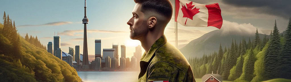 A veteran transitioning from military to civilian life, gazing towards the Canadian CN Tower landscape, symbolizing hope and new beginnings in life transitions for veterans.