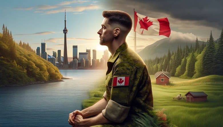 A veteran transitioning from military to civilian life, gazing towards the Canadian CN Tower landscape, symbolizing hope and new beginnings in life transitions for veterans.