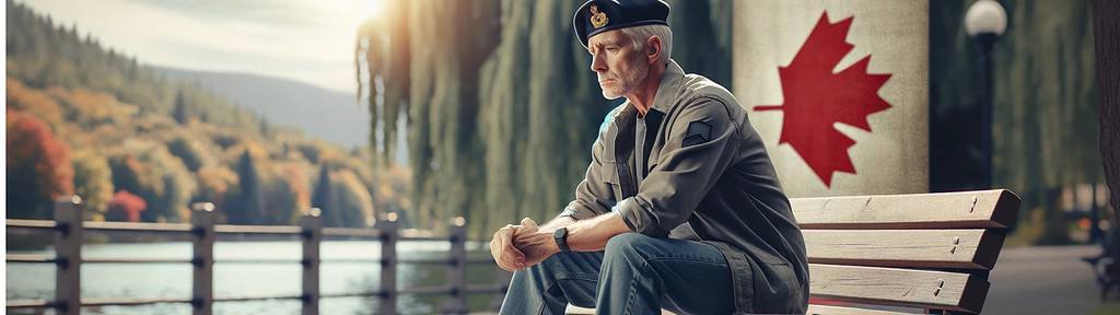 A veteran sitting on a park bench, immersed in the surroundings of a serene Canadian park, symbolizing mindfulness for veterans with autumn leaves and Canadian cultural elements.
