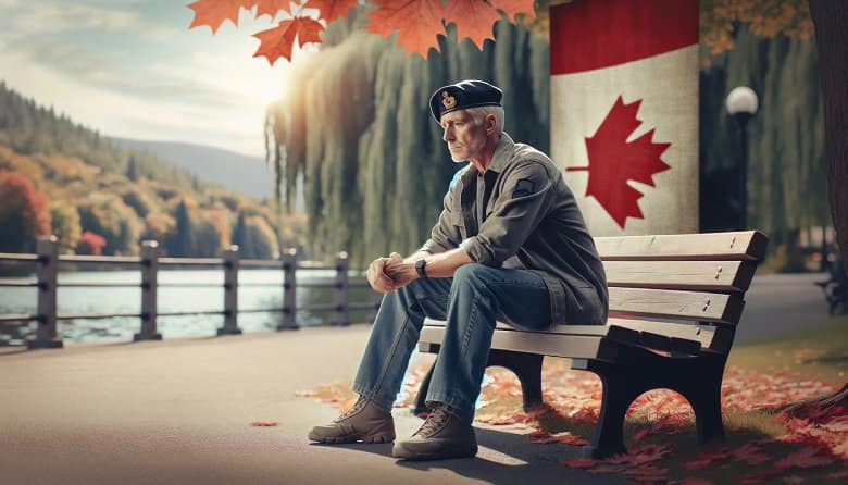 A veteran sitting on a park bench, immersed in the surroundings of a serene Canadian park, symbolizing mindfulness for veterans with autumn leaves and Canadian cultural elements.