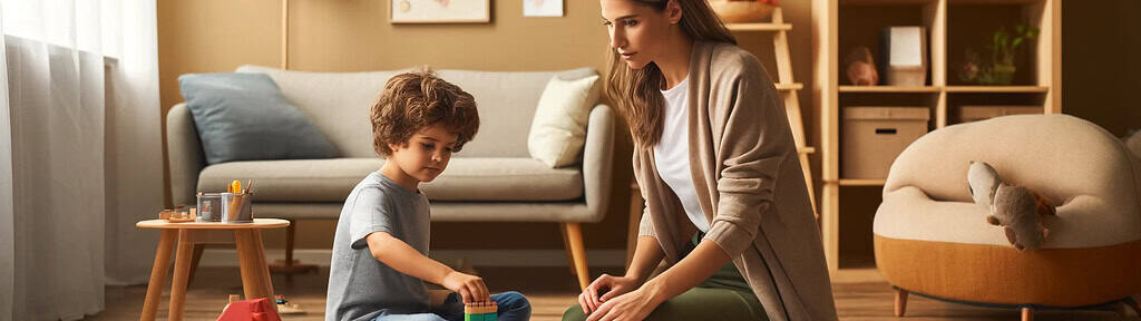 A therapist engaged in play therapy with building blocks, in a comforting and well-equipped therapy room, symbolizing the nurturing aspect of AERCS play therapy in Ontario.