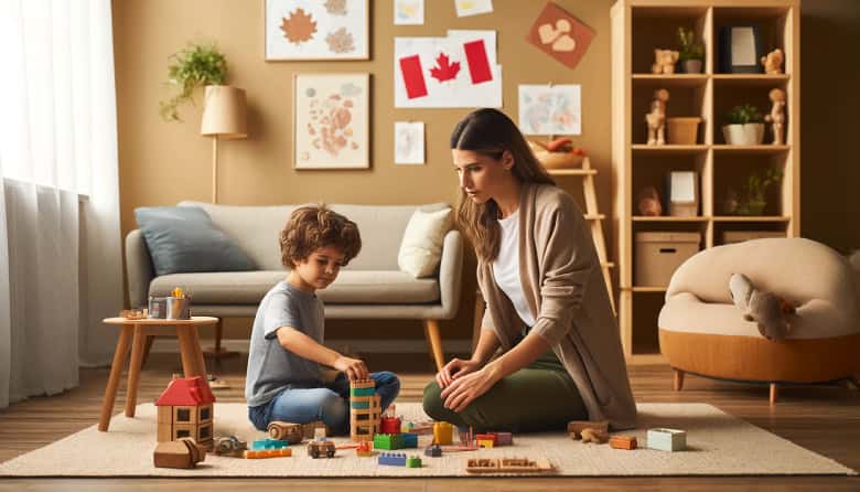 A therapist engaged in play therapy with building blocks, in a comforting and well-equipped therapy room, symbolizing the nurturing aspect of AERCS play therapy in Ontario.