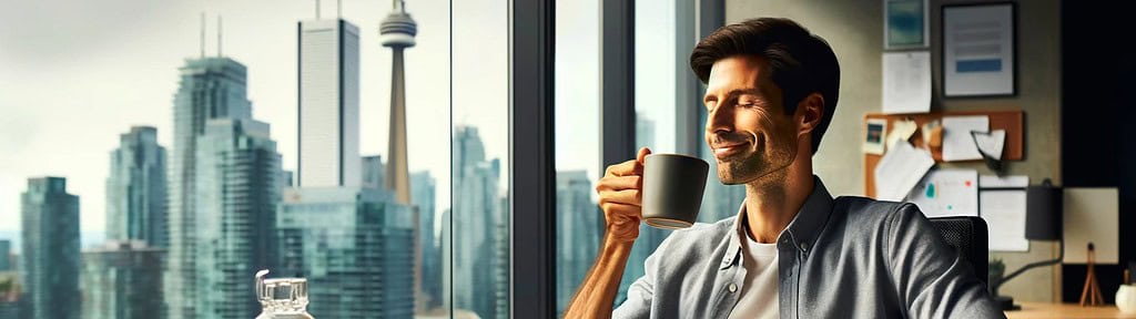 A busy professional practicing self-care strategies by taking a break at their desk in a modern office, with a view of the the CN Tower.