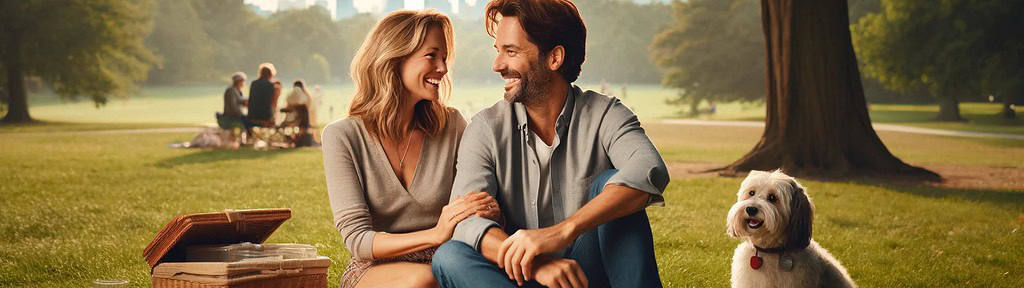 A couple in their 40s enjoying a picnic at a park with the Toronto skyline in the background, showcasing ways to help strengthen your relationship.