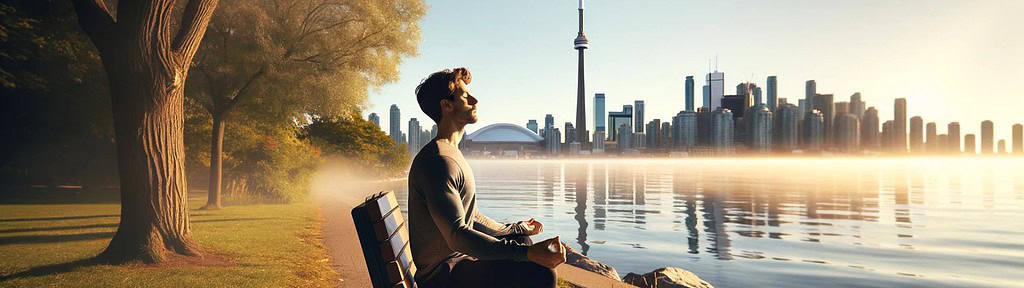 A person practicing deep breathing exercises in a serene Toronto park with the CN Tower and Toronto skyline in the background, demonstrating effective tips for managing anxiety.