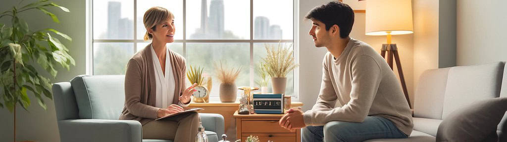 A compassionate therapist engaged in a supportive and empathetic conversation with an individual in a bright, welcoming therapy office, representing trauma-informed therapy, enhancing the sense of safety and hope.
