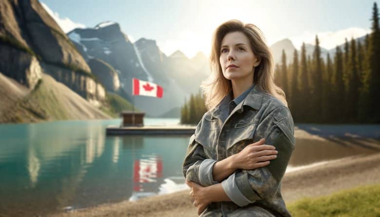 A female veteran in civilian attire, standing contemplatively by a lake, during sunrise, symbolizing hope and new beginnings for women veterans.