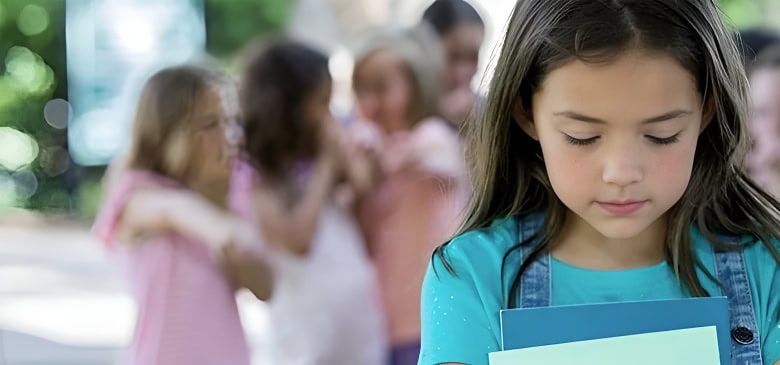 A young girl standing apart and looking down sadly while holding school folders, with other children blurred in the background, suggesting bullying, representing the need for childhood trauma therapy. A young girl standing apart and looking down sadly while holding school folders, with other children blurred in the background, suggesting bullying, representing the need for childhood trauma therapy.