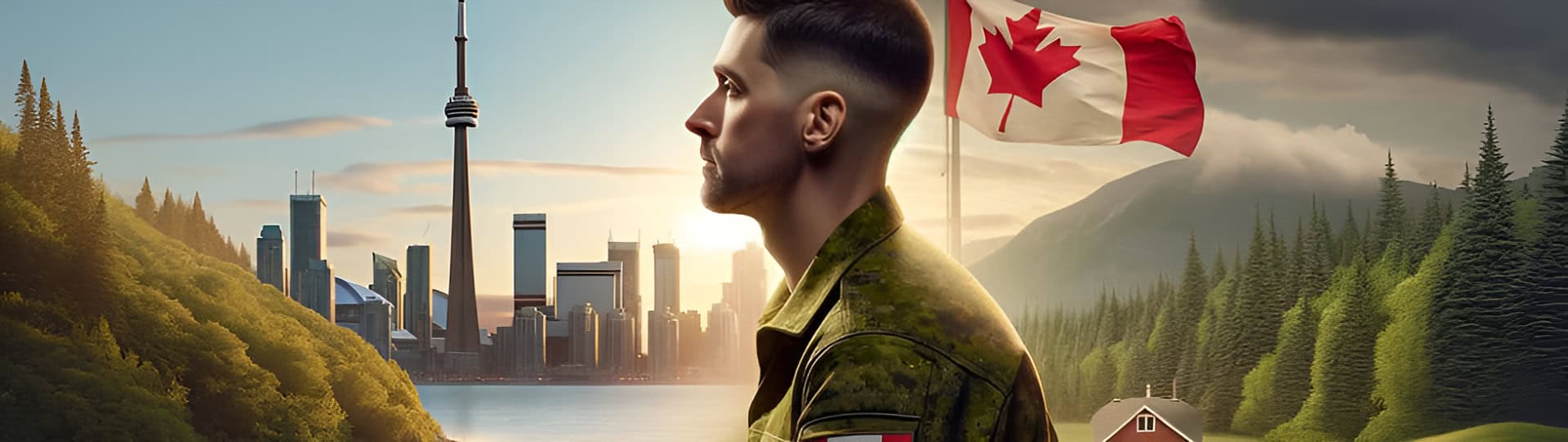 Artistic rendering of a Canadian veteran in uniform standing between urban and rural Canadian landscapes with a Canadian flag in the background, representing life transitions for Veterans.