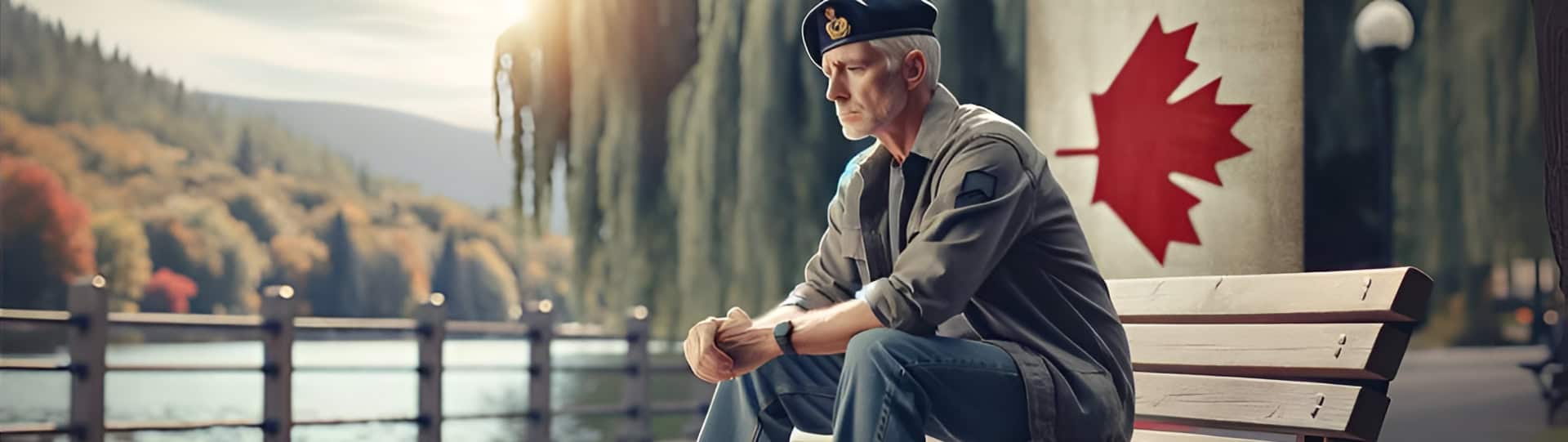 Canadian veteran sitting on a bench in quiet reflection by a lake, symbolizing the benefits of mindfulness for veterans in managing stress and emotional well-being.