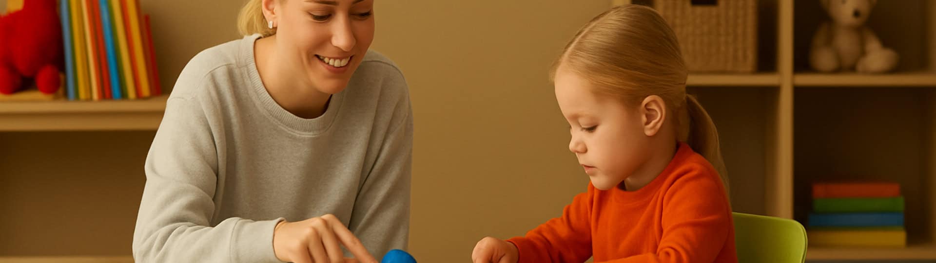 A young woman and a child engage in play therapy, smiling and interacting with colourful playdough at a table in a warm, child-friendly room with books, toys, and natural light.
