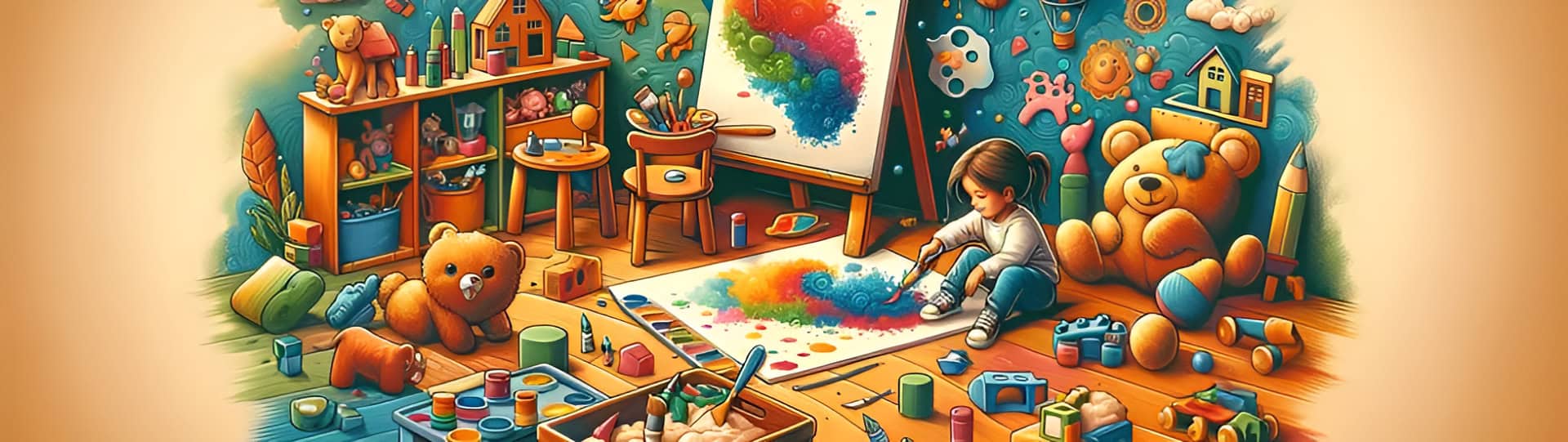 A colourful playroom filled with toys and art supplies, where a young girl engages in creative painting, illustrating the concept of play therapy for children.