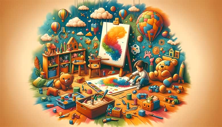 A vibrant playroom with a child painting beside toys, art supplies, and stuffed animals, illustrating the imaginative setting used in play therapy for children. A vibrant playroom with a child painting beside toys, art supplies, and stuffed animals, illustrating the imaginative setting used in play therapy for children.