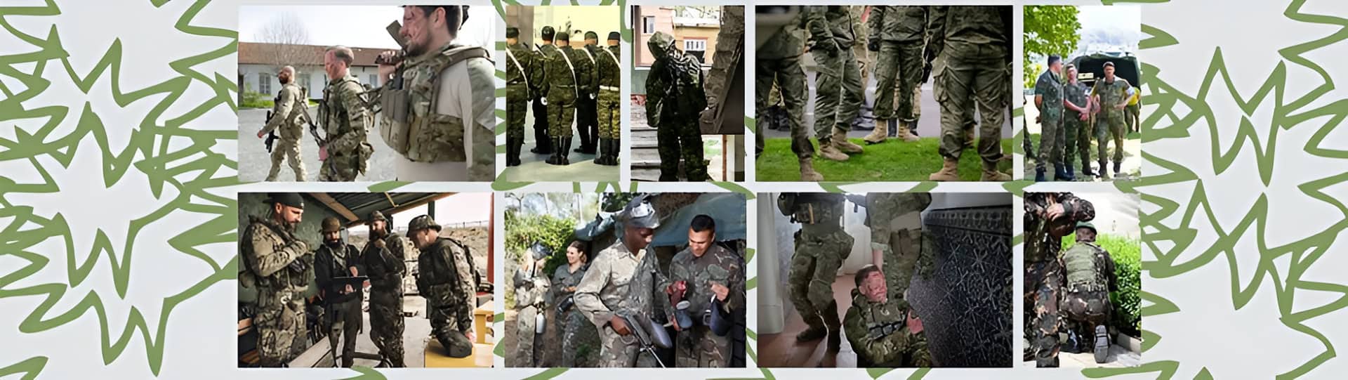 A collage of military personnel in various scenarios, including combat, medical aid, and group interactions, symbolizing the psychological and physical trauma experienced by soldiers during and after service.