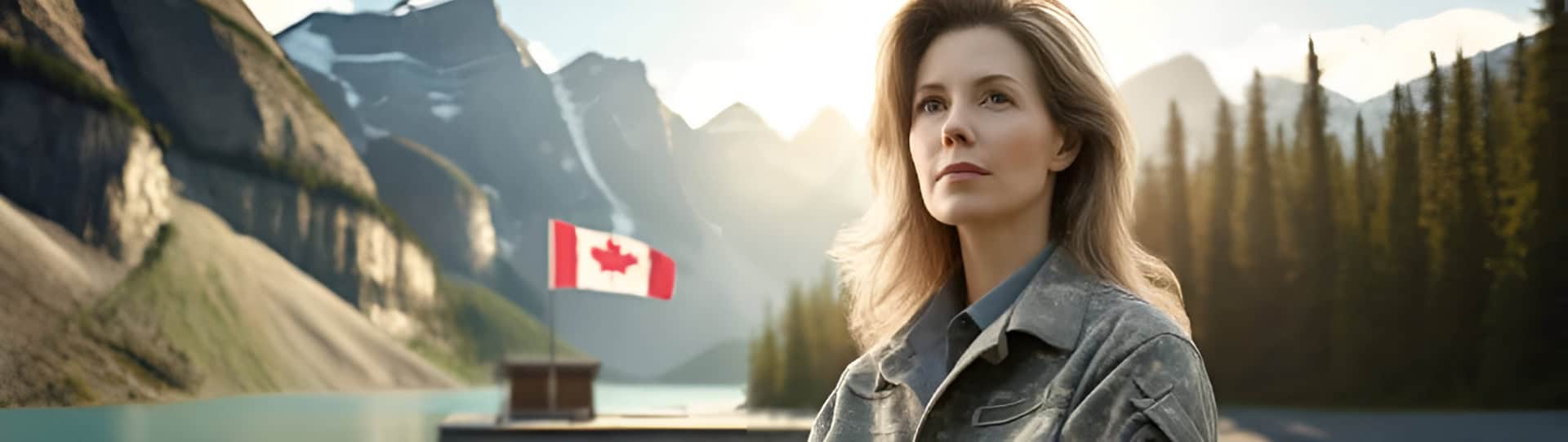 A determined woman in military attire stands before a scenic Canadian landscape with a flag in the background, symbolizing strength and resilience, an image representing the mission of empowering woman veterans.