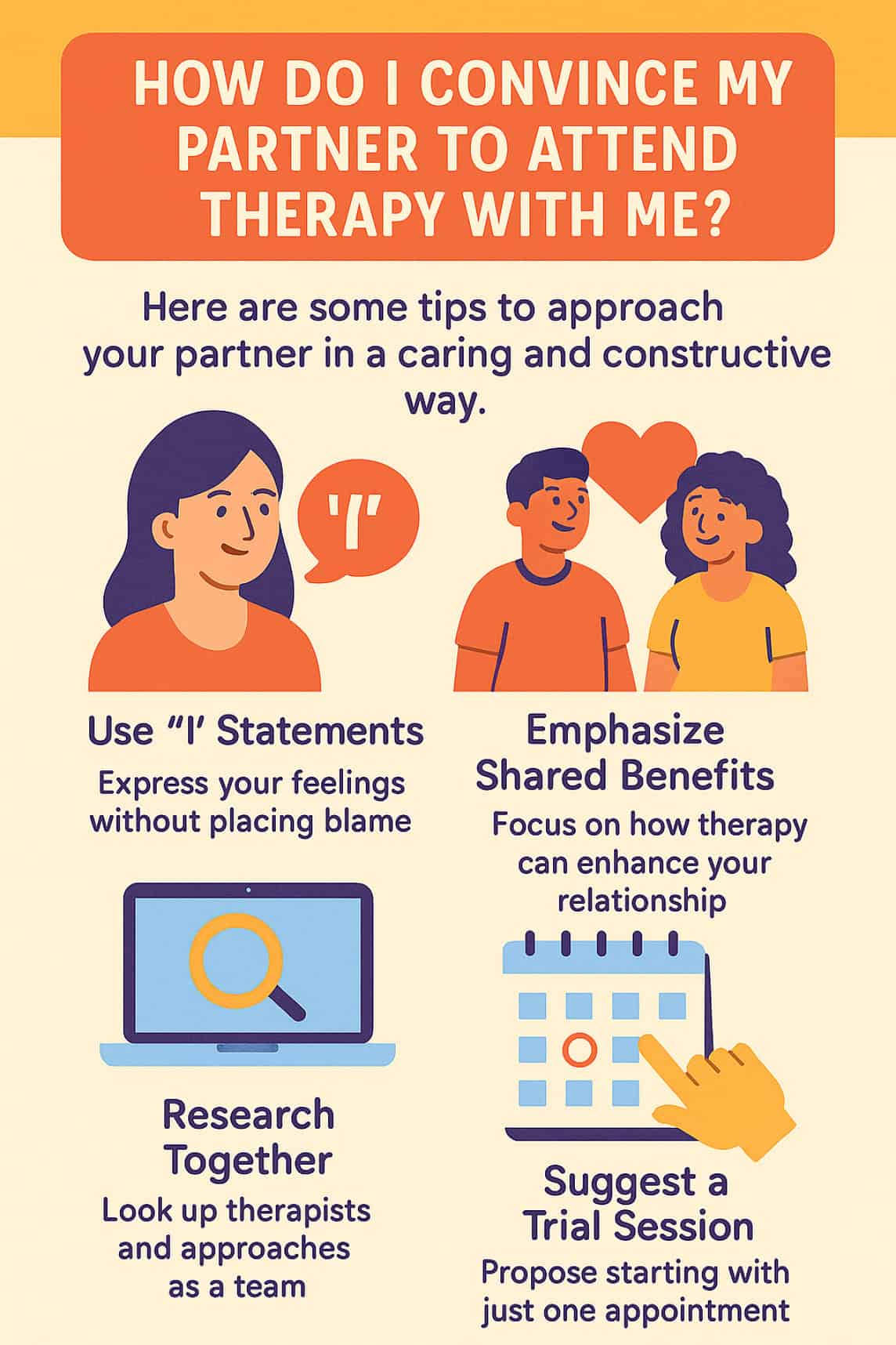 Illustrated infographic offering tips to convince a partner to attend therapy, including using empathy, shared goals, and trial sessions for Canadian couples. Illustrated infographic offering tips to convince a partner to attend therapy, including using empathy, shared goals, and trial sessions for Canadian couples.