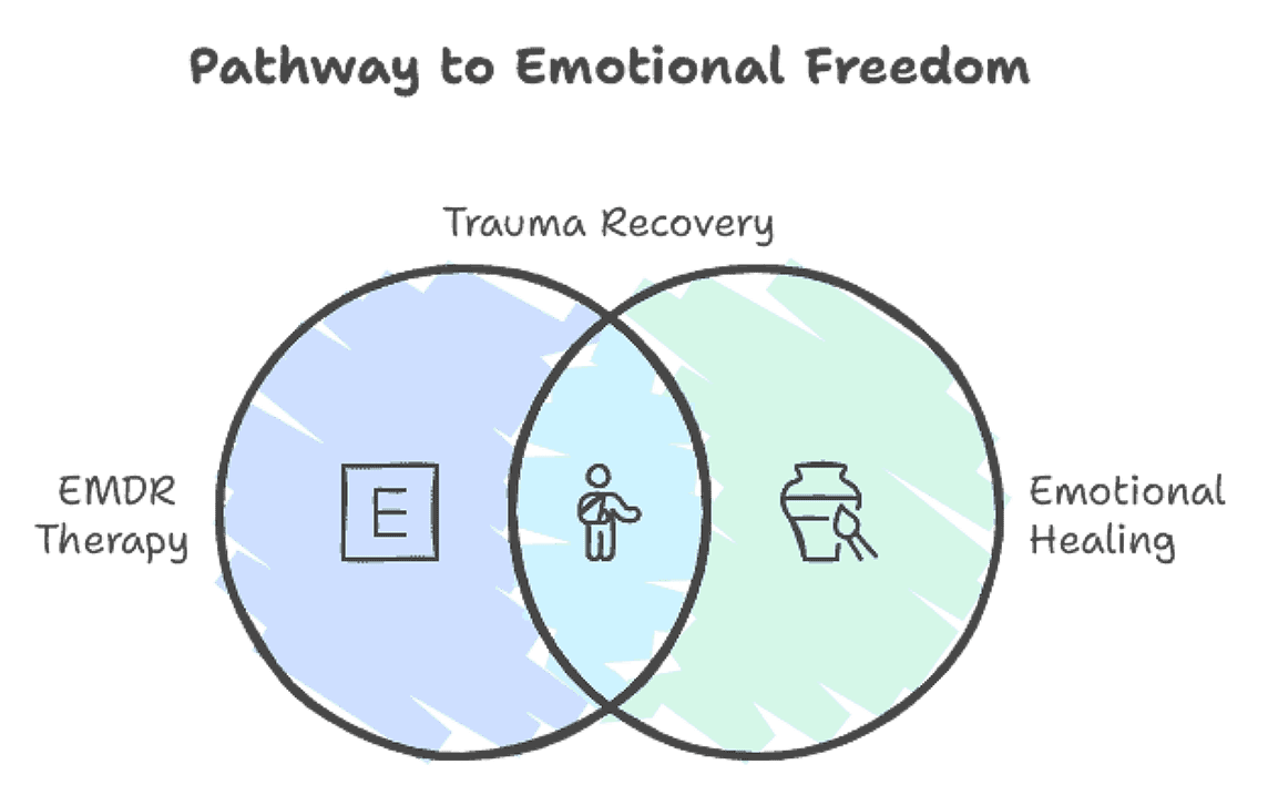 Venn diagram titled "Pathway to Emotional Freedom" showing the overlap between EMDR Therapy and Emotional Healing, with the intersection labelled Trauma Recovery, representing the integrated approach to healing used at AERCS Therapy. Venn diagram titled "Pathway to Emotional Freedom" showing the overlap between EMDR Therapy and Emotional Healing, with the intersection labelled Trauma Recovery, representing the integrated approach to healing used at AERCS Therapy.