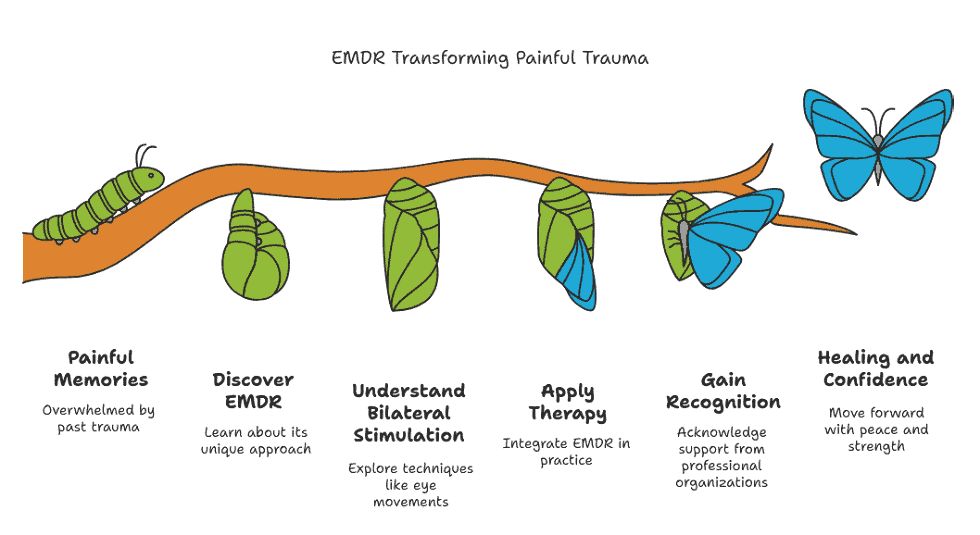 Illustration of a caterpillar transforming into a butterfly, representing the stages of healing trauma through EMDR, symbolizing the process of understanding EMDR therapy. Illustration of a caterpillar transforming into a butterfly, representing the stages of healing trauma through EMDR, symbolizing the process of understanding EMDR therapy.