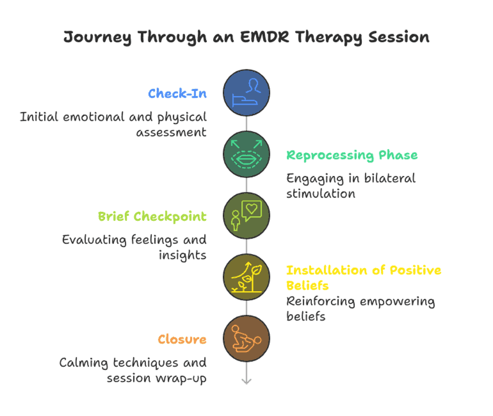 Infographic showing the steps of an EMDR therapy session, including check-in, reprocessing phase, brief checkpoint, installation of positive beliefs, and closure. Infographic showing the steps of an EMDR therapy session, including check-in, reprocessing phase, brief checkpoint, installation of positive beliefs, and closure.