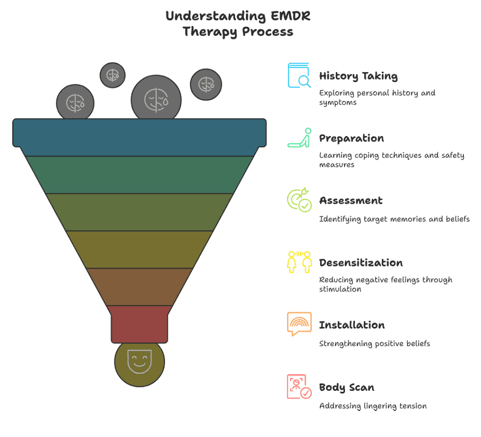 Infographic showing the understanding EMDR therapy process as a funnel with seven stages: history taking, preparation, assessment, desensitization, installation, and body scan. Infographic showing the understanding EMDR therapy process as a funnel with seven stages: history taking, preparation, assessment, desensitization, installation, and body scan.