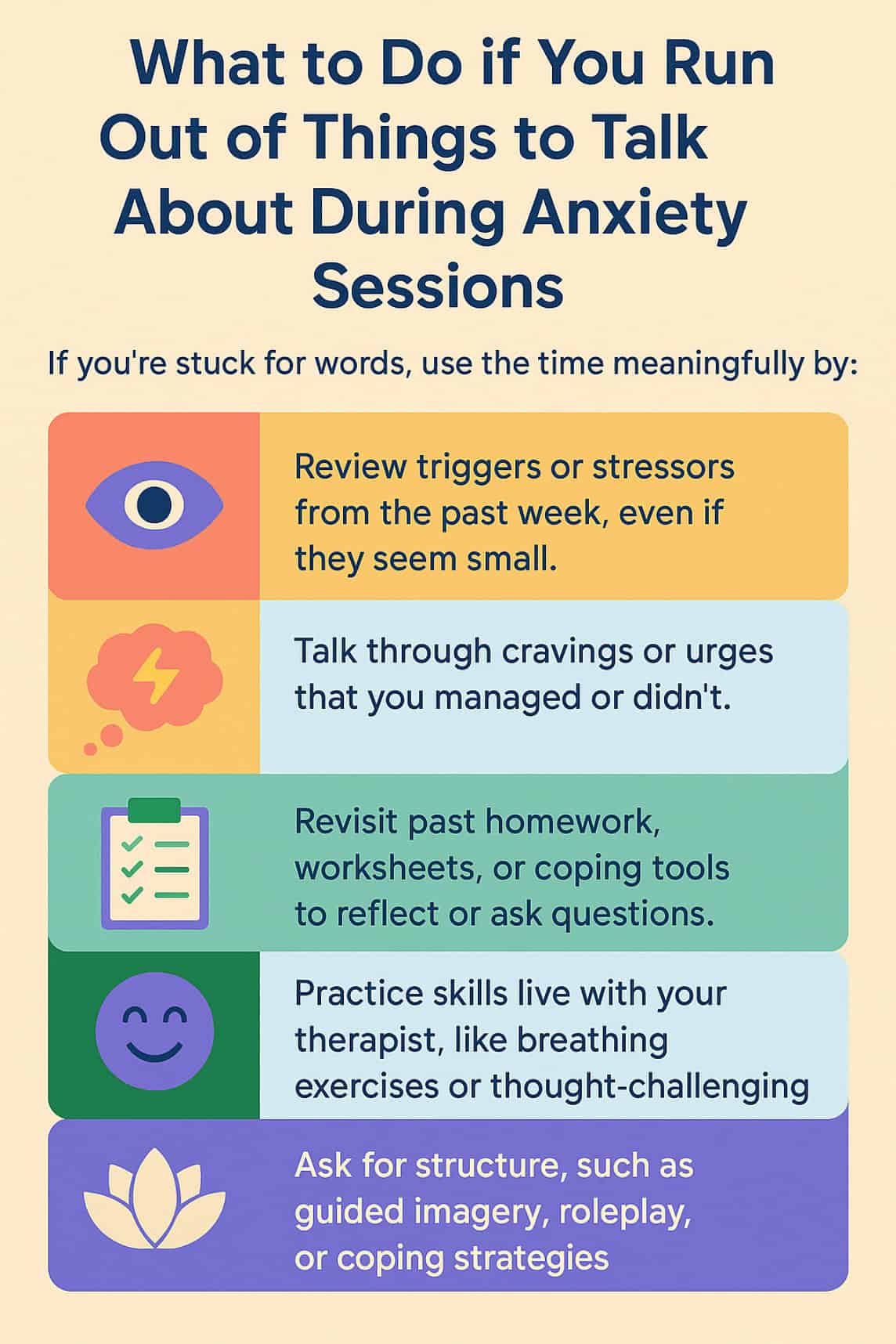 A colourful infographic showing helpful tips for staying engaged during anxiety sessions, including reviewing triggers, practising skills, and guided exercises. A colourful infographic showing helpful tips for staying engaged during anxiety sessions, including reviewing triggers, practising skills, and guided exercises.