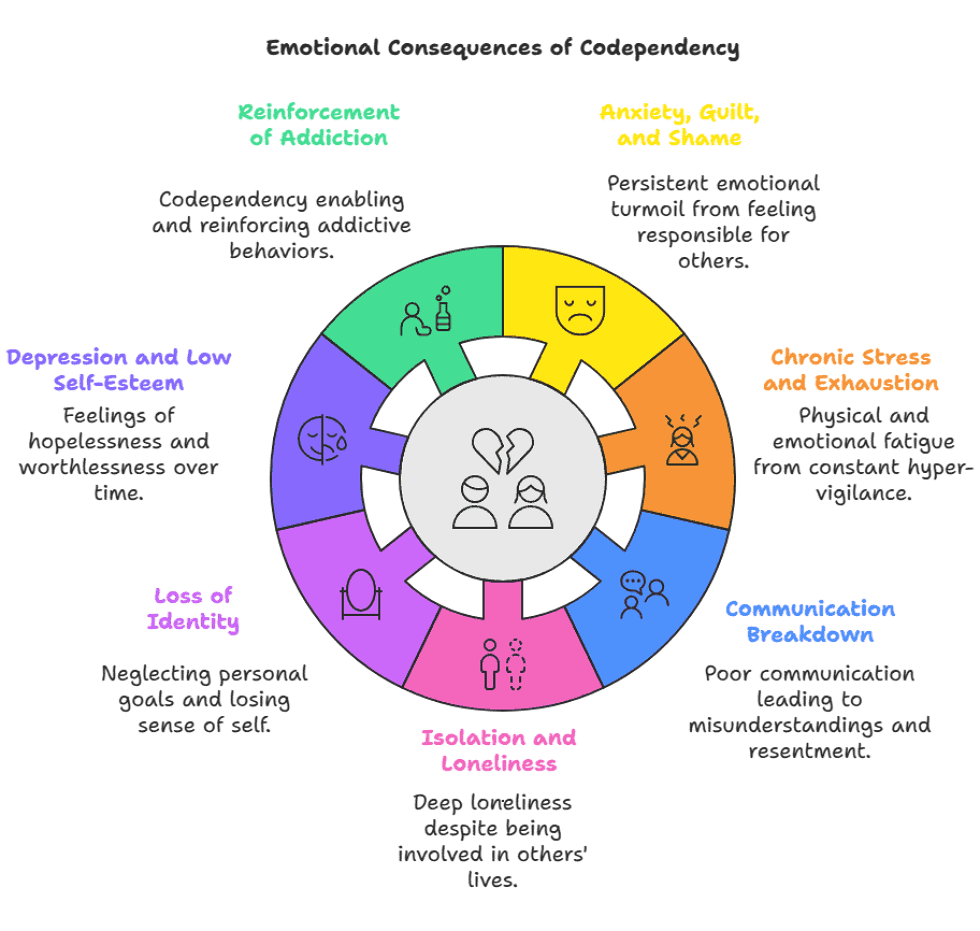 Illustrated wheel showing the emotional consequences of codependency, including reinforcement of addiction, anxiety and shame, chronic stress, communication breakdown, isolation, loss of identity, depression, and low self-esteem. Illustrated wheel showing the emotional consequences of codependency, including reinforcement of addiction, anxiety and shame, chronic stress, communication breakdown, isolation, loss of identity, depression, and low self-esteem.