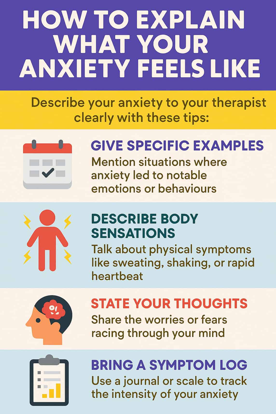 Infographic showing how to explain what my anxiety feels like, including tips like giving specific examples, describing body sensations, sharing thoughts, and using a symptom log. Infographic showing how to explain what my anxiety feels like, including tips like giving specific examples, describing body sensations, sharing thoughts, and using a symptom log.