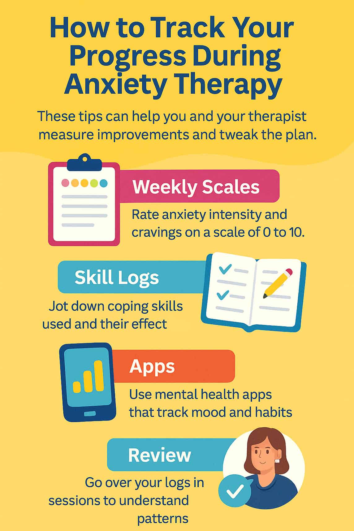 Colourful infographic illustrating how to track progress during anxiety therapy using rating scales, skill logs, and therapist reviews. Colourful infographic illustrating how to track progress during anxiety therapy using rating scales, skill logs, and therapist reviews.