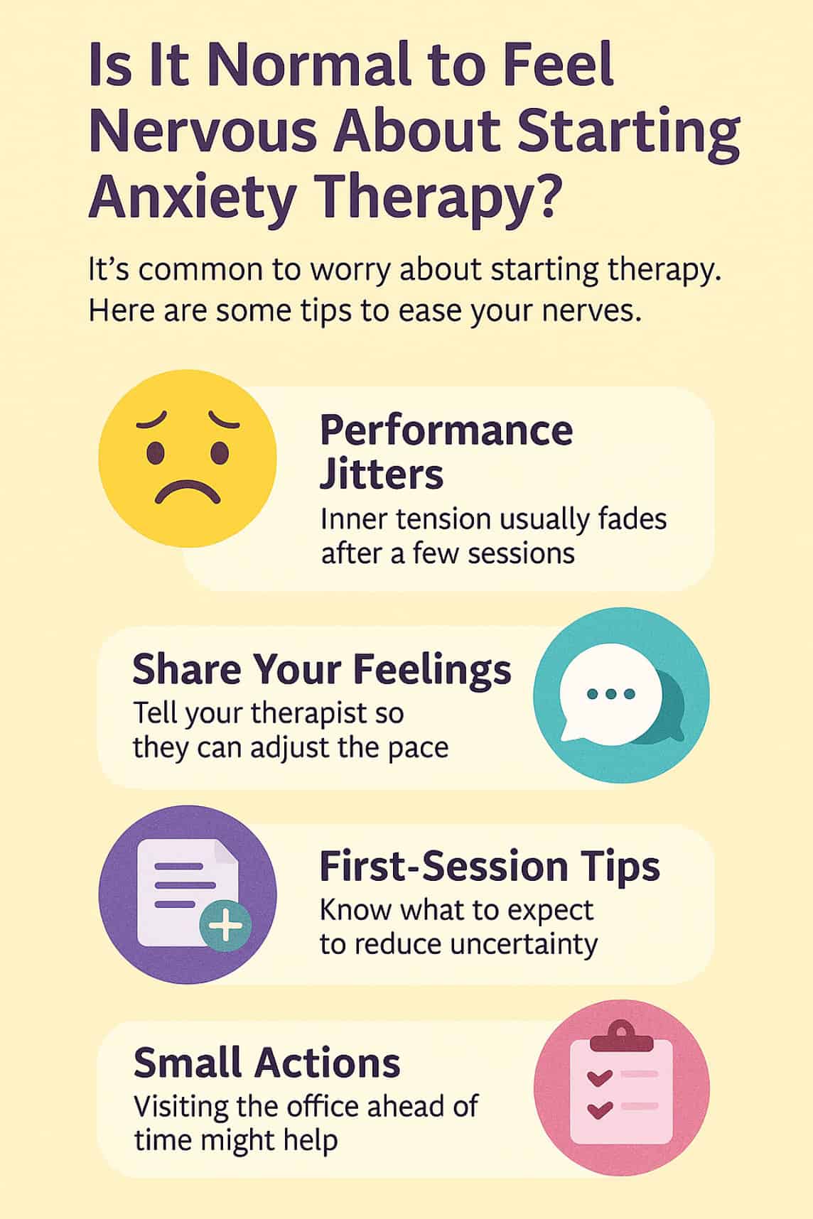 Colourful infographic showing what to expect when starting anxiety therapy, including session flow, normal nerves, and tips to ease first-day stress. Colourful infographic showing what to expect when starting anxiety therapy, including session flow, normal nerves, and tips to ease first-day stress.