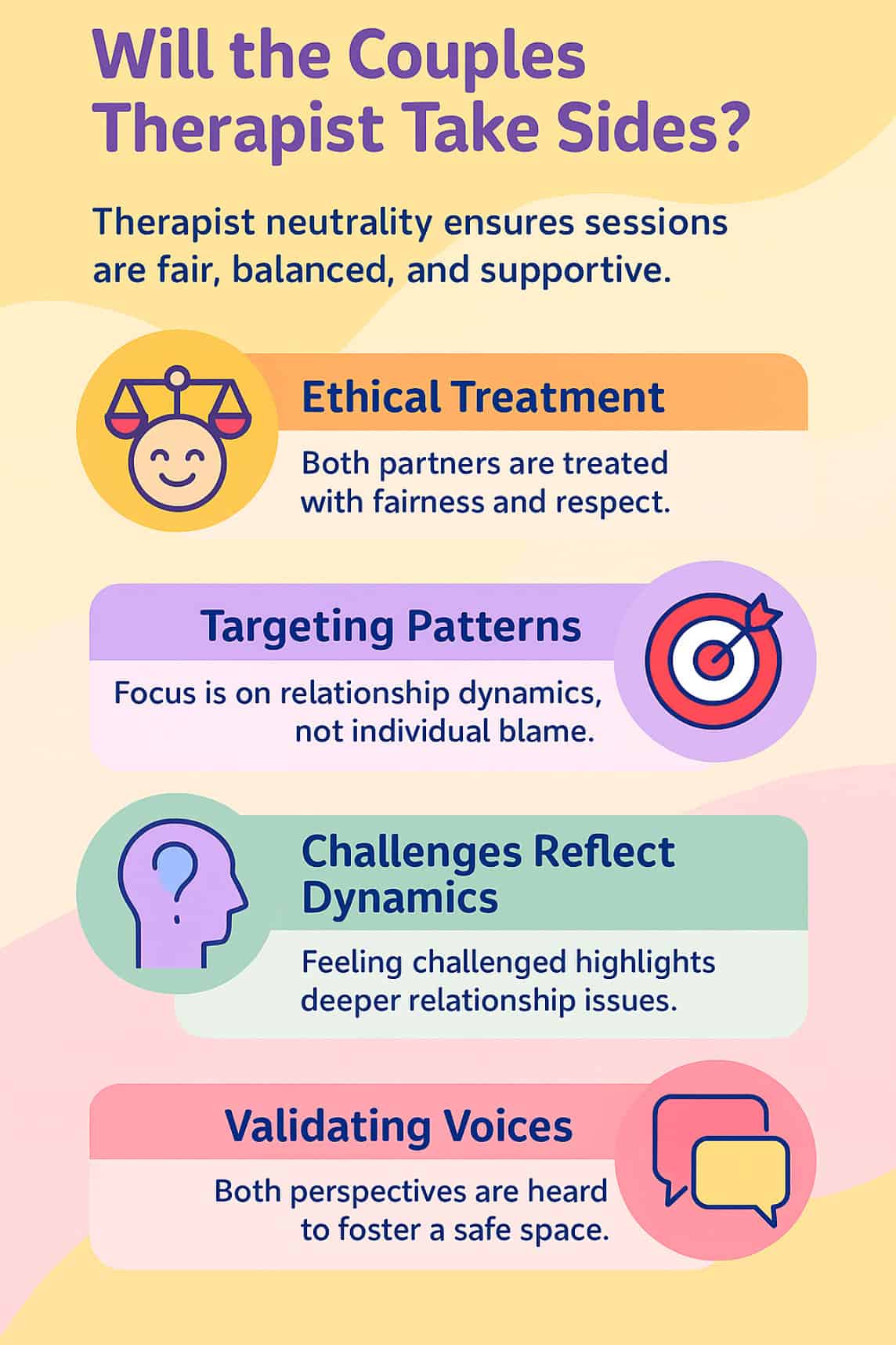 Illustration of a couples therapy session where the therapist listens attentively to both partners, representing therapist neutrality and balanced support. Illustration of a couples therapy session where the therapist listens attentively to both partners, representing therapist neutrality and balanced support.